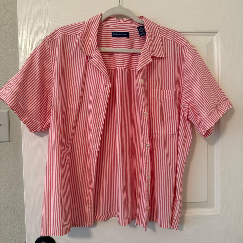 Karen Scott pink White Striped Casual  office wear summer vacation 100% cotton